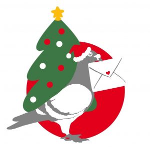 Brieftaube mit Brief, Nikolausmütze und Weihnachtsbaum
